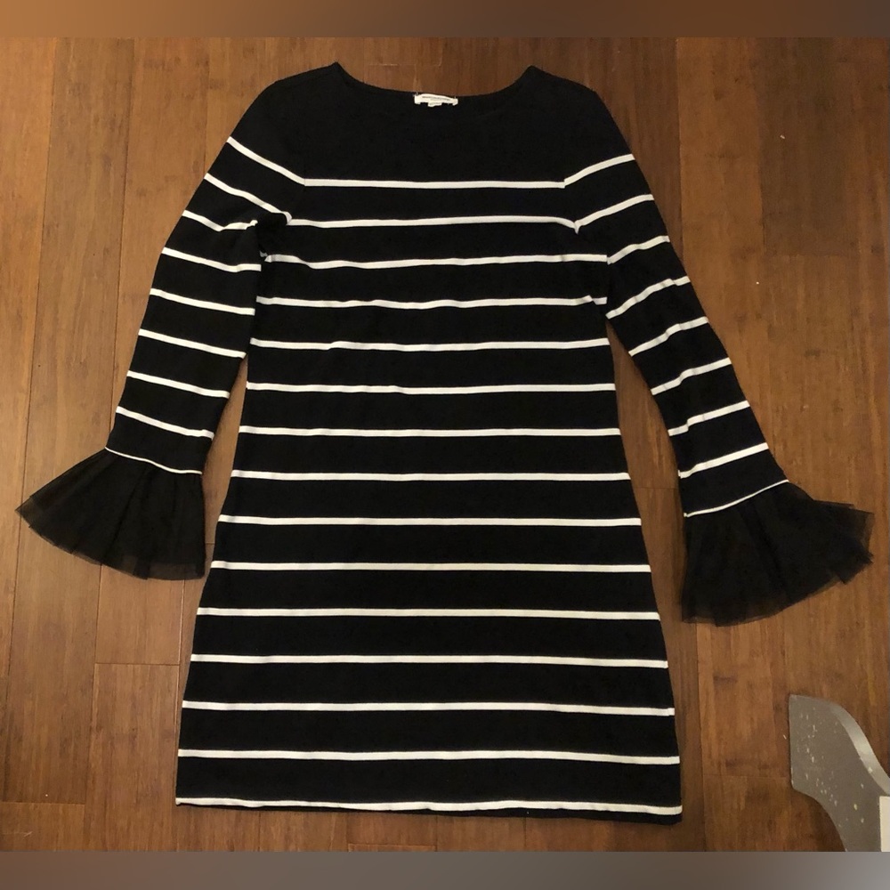 Beach Lunch Lounge Womens Black Bell Sleeve Striped Shift Dress Size S